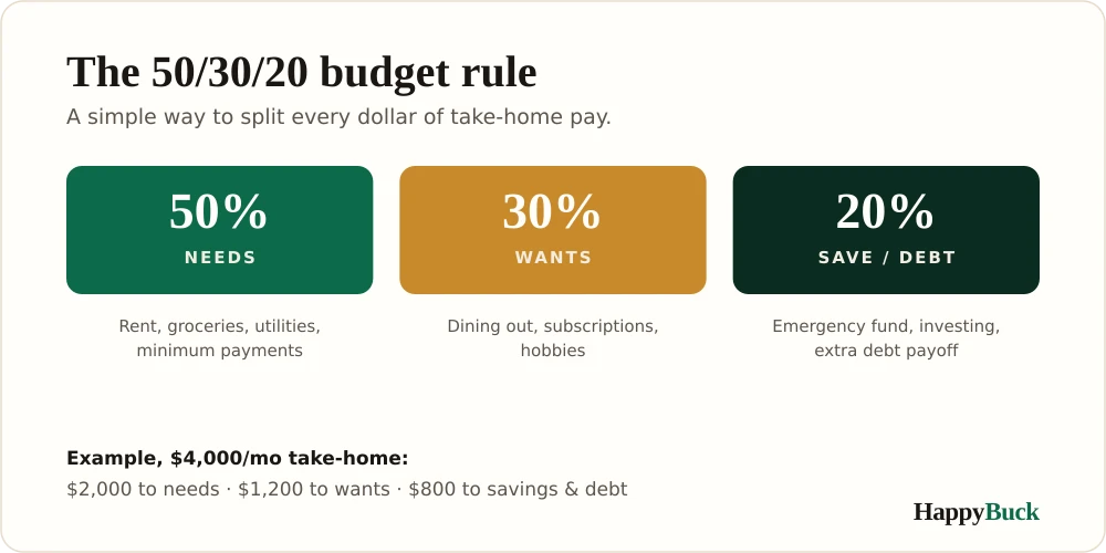 The 50/30/20 budget rule: split take-home pay into 50% needs, 30% wants, and 20% savings and debt.