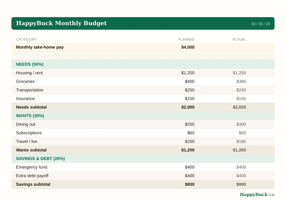 A budget spreadsheet in Excel showing monthly income and 50/30/20 categories with planned and actual columns and subtotal formulas.