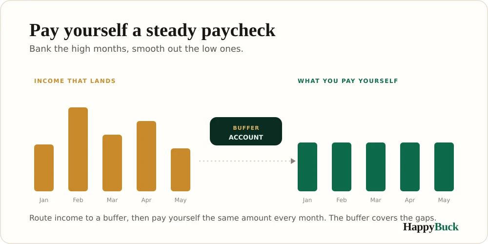 Pay yourself a steady paycheck: the income that lands swings month to month, but a buffer account lets you pay yourself the same amount every month.