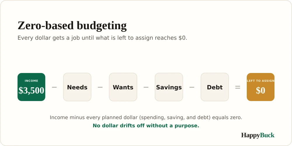 Zero-based budgeting: income minus every planned dollar for needs, wants, savings, and debt leaves $0 left to assign.