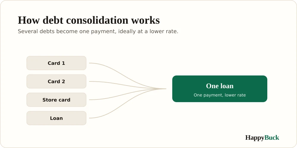 Debt consolidation combines several separate debts into one new loan with a single monthly payment, ideally at a lower interest rate.