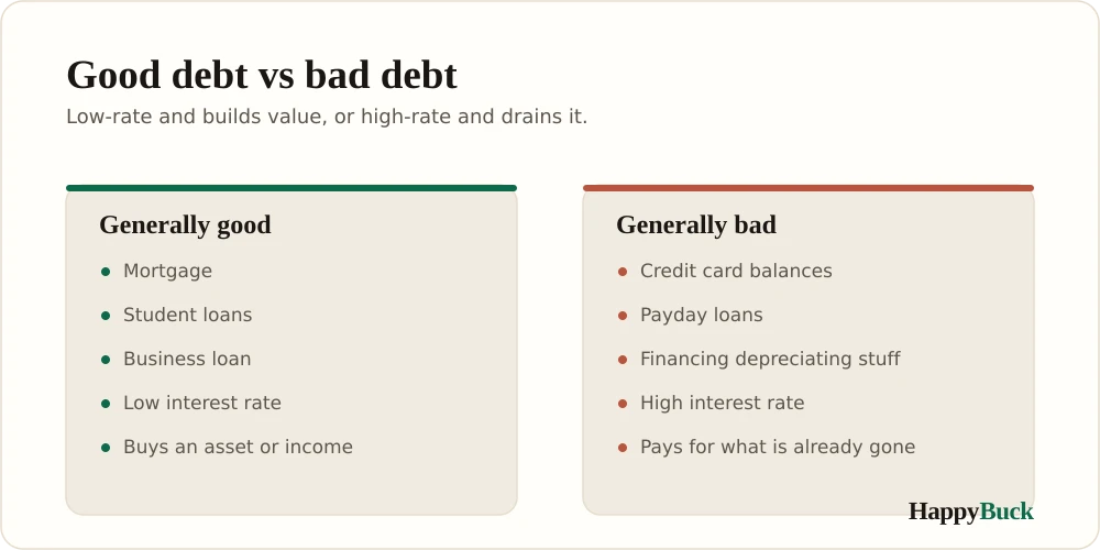 Good debt versus bad debt: good debt is usually low-rate and builds value (mortgage, student loans, business loans), while bad debt is usually high-rate and funds things that lose value (credit cards, payday loans).