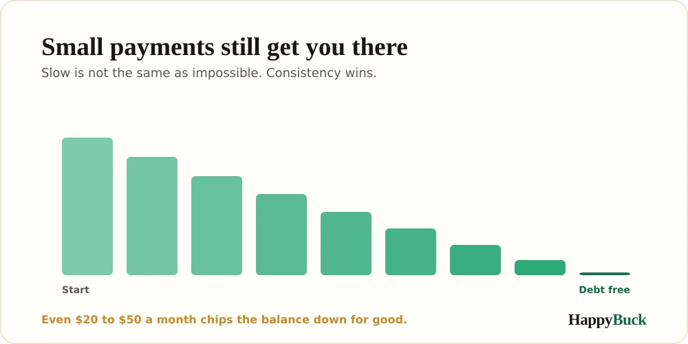 Small consistent payments still get you to zero: a debt balance falling steadily to zero over time with small monthly payments.