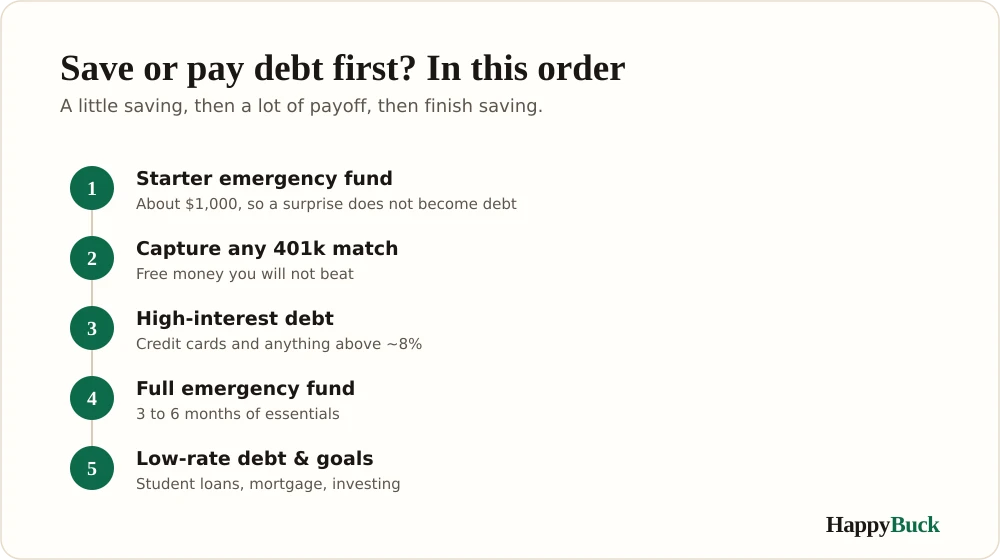 The order to save and pay off debt: first a $1,000 starter fund, then high-interest debt, then a full emergency fund, then low-interest debt and goals.