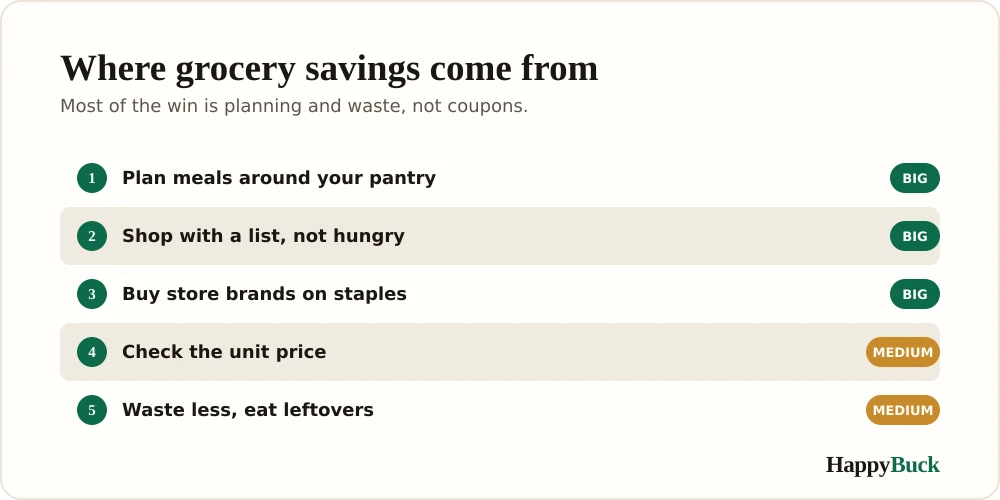 The biggest grocery savers: plan around what you have, shop a list, buy store brands, check unit prices, shop seasonal, and waste less.