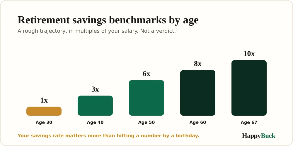 Retirement savings benchmarks by age: about 1x your salary by 30, 3x by 40, 6x by 50, 8x by 60, and 10x by 67.