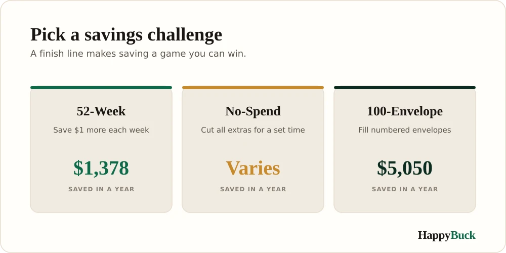 Three money-saving challenges compared: the 52-week challenge saves $1,378, the 100-envelope challenge saves $5,050, and a no-spend month saves a variable amount.