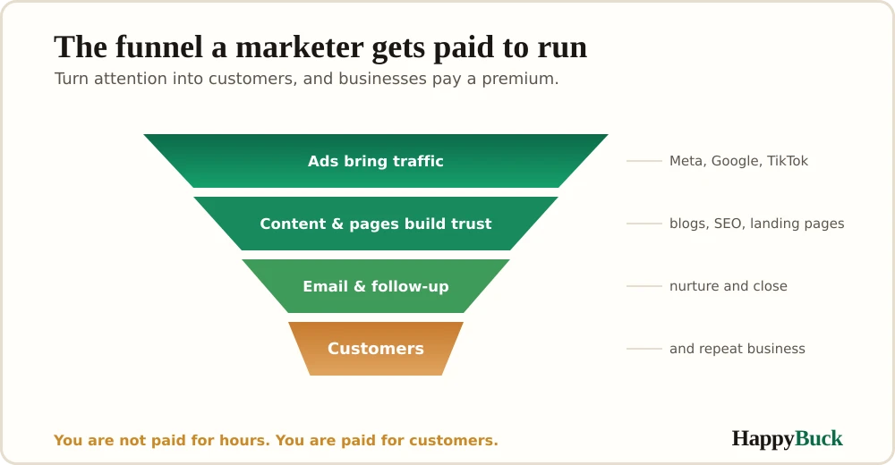 The marketing funnel a freelancer gets paid to manage: ads bring traffic, content and pages build trust, and email and follow-up turn attention into customers.