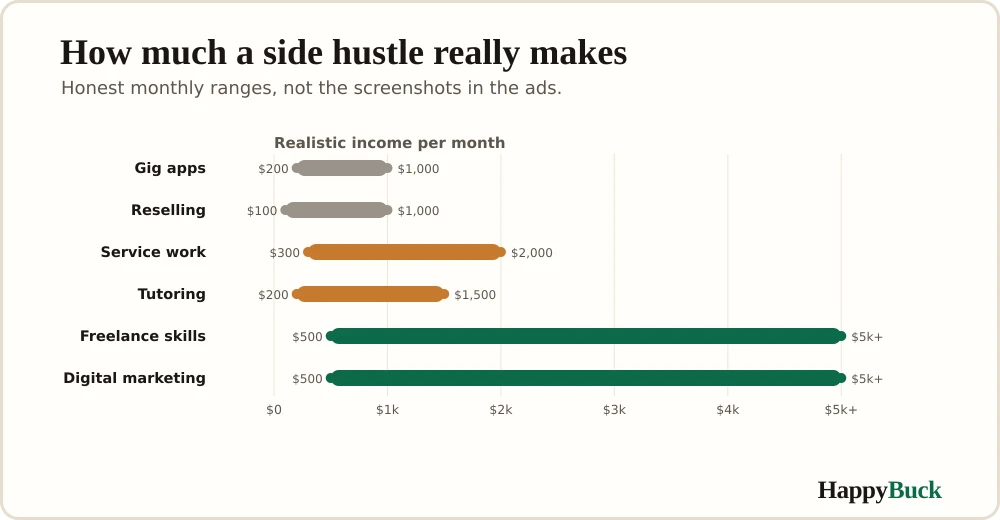 Realistic side hustle earnings per month: gig and service work in the low hundreds to around a thousand, skilled freelancing and marketing from one to several thousand as you build.