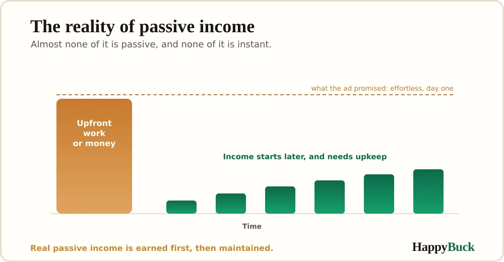 The reality of passive income: heavy upfront work or money comes first, income arrives later, and it still needs ongoing upkeep, the opposite of the effortless version in the ads.