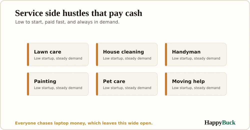 Service side hustles at a glance: landscaping, cleaning, handyman work, pet care, and moving help, with low startup cost and steady local demand.