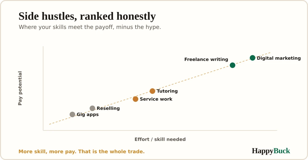 Side hustles by effort and pay: gig apps are easy but low-ceiling, service work pays fast for physical effort, and freelancing and marketing take skill but pay the most.