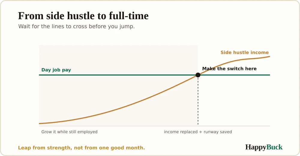 The safe path from side hustle to full-time: grow it while employed until side income nears your salary, build a runway, then make the switch when the numbers hold.