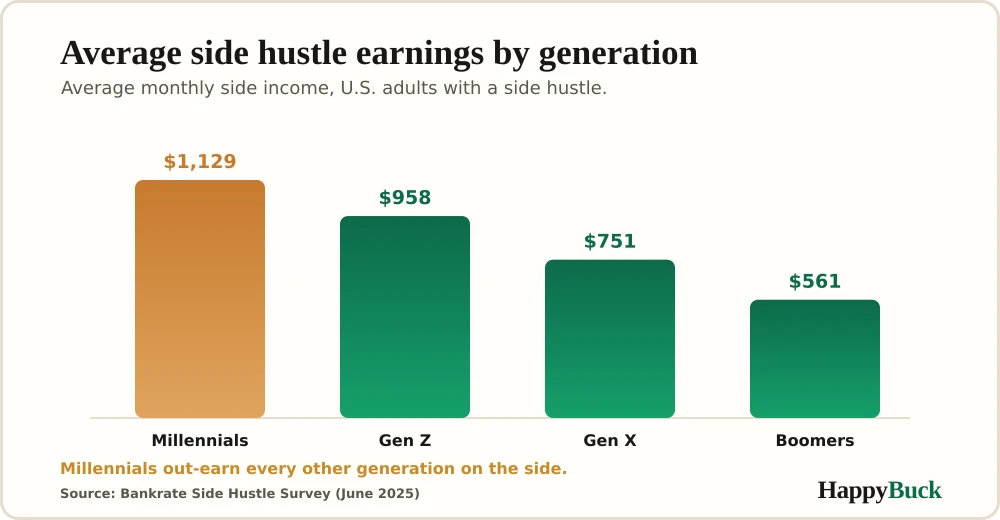 Bar chart of average monthly side hustle earnings by generation: millennials $1,129, Gen Z $958, Gen X $751, boomers $561.