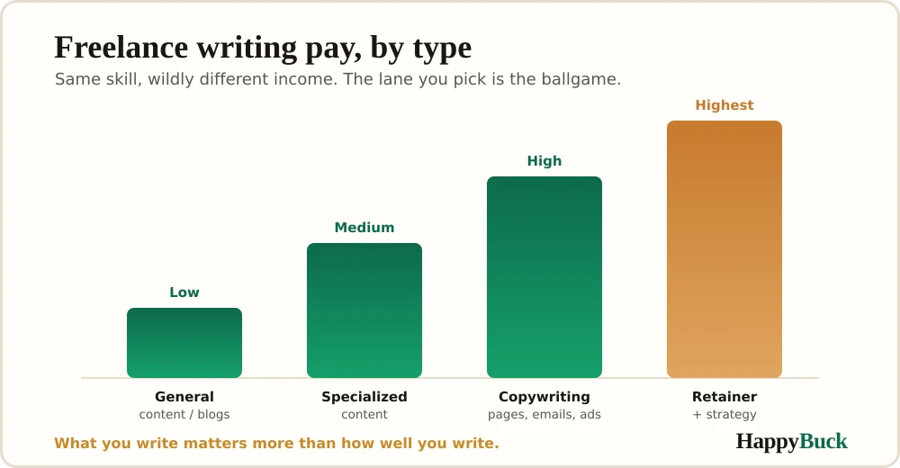 Freelance writing pay by type: generic blog content sits at the low end, while specialized copywriting like sales pages, email funnels, and ads pays far more.